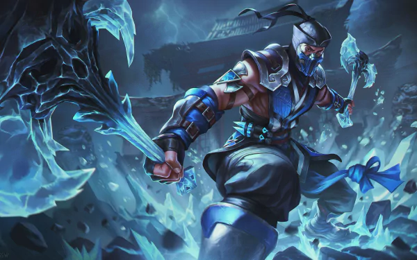 Sub-Zero (Mortal Kombat) lunges amid shattered ice and a frozen battlefield — 2K Quad HD PC desktop wallpaper/background for the Mortal Kombat video game.