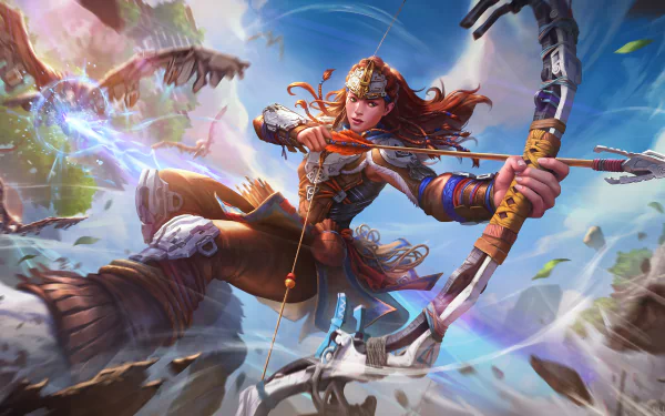 HD PC desktop wallpaper featuring Aloy from the Horizon series, showcasing dynamic action and detailed art from the video game Horizon Forbidden West.