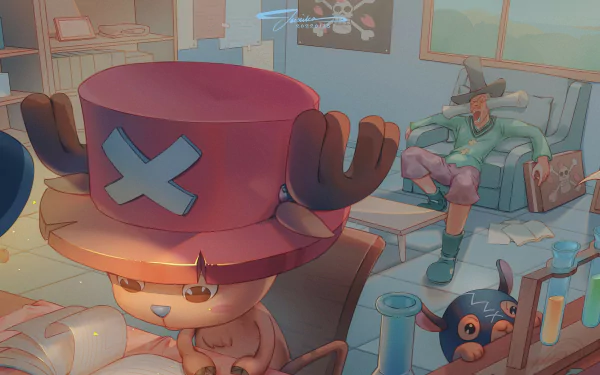 HD anime desktop wallpaper featuring Tony Tony Chopper from One Piece relaxing in a cozy room filled with posters and furniture.