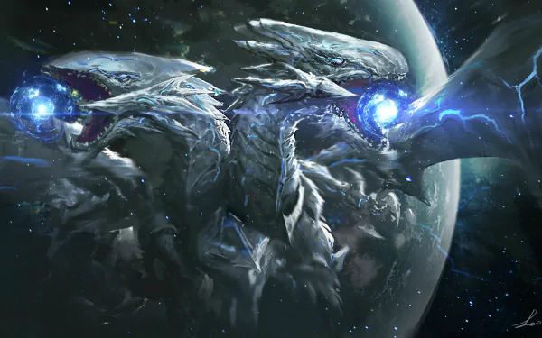 Anime Blue-Eyes White Dragon (Yu-Gi-Oh!) — colossal white-blue dragon with glowing energy orbs, cosmic planet backdrop; 4K Ultra HD PC desktop wallpaper and background.
