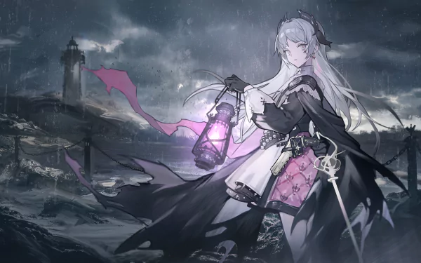 Irene (Arknights) stands on a stormy coast holding a glowing lantern; moody Arknights scene rendered as a 2K Quad HD PC desktop wallpaper/background.
