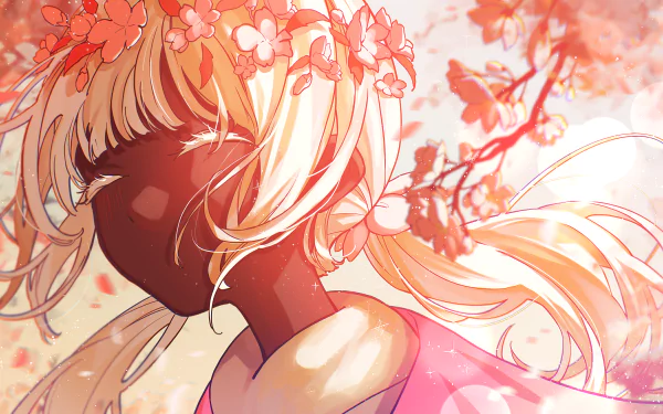 Profile of a blonde, flower‑crowned character under falling cherry blossoms and warm light — video game Sky: Children of the Light, 2K Quad HD PC wallpaper/background.