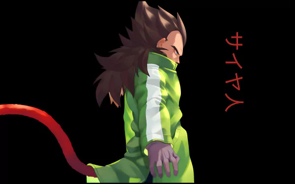 8K Ultra HD anime desktop wallpaper featuring Vegeta from Dragon Ball with his iconic hairstyle and tail, set against a black background with red Japanese text.