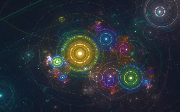 Abstract circle composition: neon concentric orbs and rings floating on a dark starfield, colorful light flares — 4K Ultra HD PC desktop wallpaper/background.