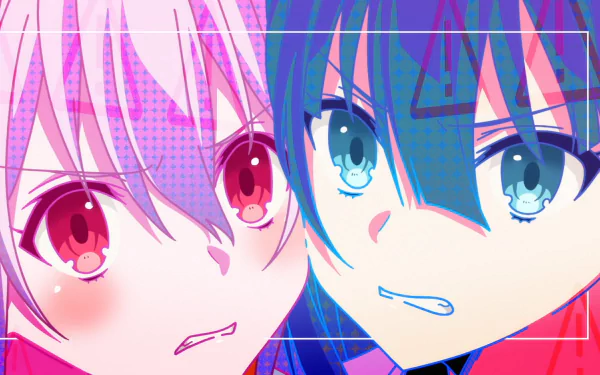 HD PC desktop wallpaper of Ayano Yuugiri and Kisara (Engage Kiss), anime close-up in vibrant pink and blue tones showing intense, determined expressions.