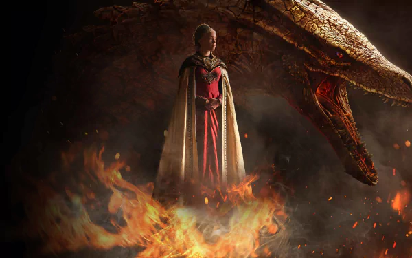 4K Ultra HD desktop wallpaper featuring a dramatic scene from the TV show House of the Dragon with a regal figure standing amid flames and a dragon’s head looming nearby.