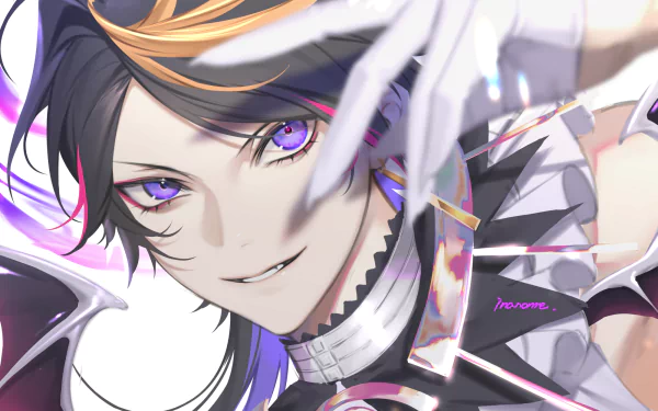 HD PC desktop wallpaper: anime-style Luxiem virtual YouTuber — smirking, purple-eyed character with black-and-gold hair, gloved hand framing their face, ornate collar and futuristic accents.