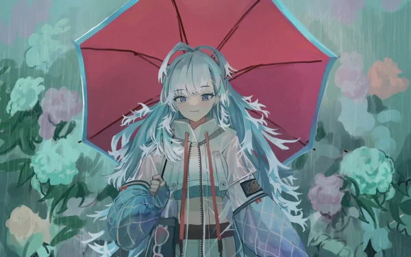 HD PC desktop wallpaper featuring Kobo Kanaeru from hololive as an anime-style virtual YouTuber holding a red umbrella amid pastel-colored flowers.