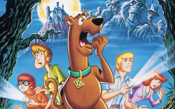 HD PC desktop wallpaper of Scooby-Doo on Zombie Island: Scooby and the Mystery Inc. gang confronting spectral zombies before a haunted island mansion under a full moon.