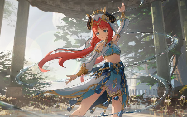 Nilou from the Genshin Impact video game, dancing with water ribbons amid sunlit ruins — 2K Quad HD PC desktop wallpaper/background.