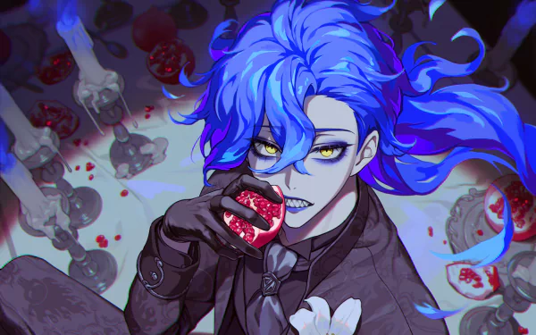 HD PC desktop wallpaper/background of Idia Shroud from the video game Twisted Wonderland — blue‑haired, yellow‑eyed figure biting a pomegranate amid skulls, chains, and eerie medical tools.