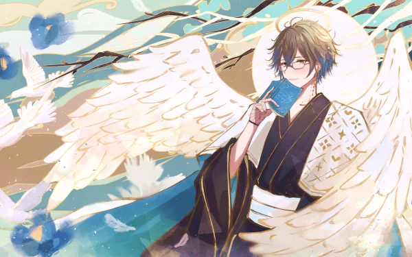 HD PC desktop wallpaper/background of Luxiem virtual YouTuber Ike Eveland in anime style — bespectacled figure in a kimono with large white wings against a blue-gold sky.