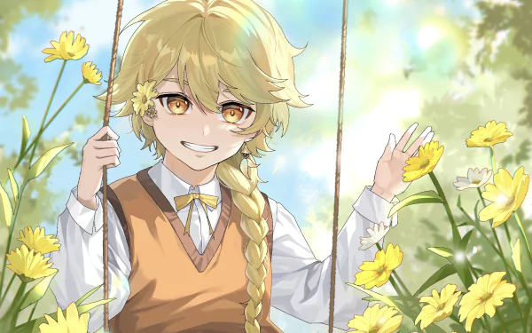 Aether from Genshin Impact smiles while swinging surrounded by yellow flowers in this vibrant HD PC desktop wallpaper.