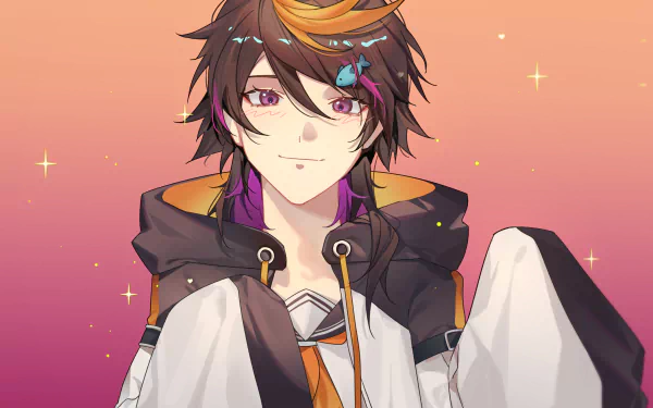 HD PC desktop wallpaper background: Luxiem's Shu Yamino, anime Virtual YouTuber, smiling in a hoodie against a warm gradient sky with sparkles.