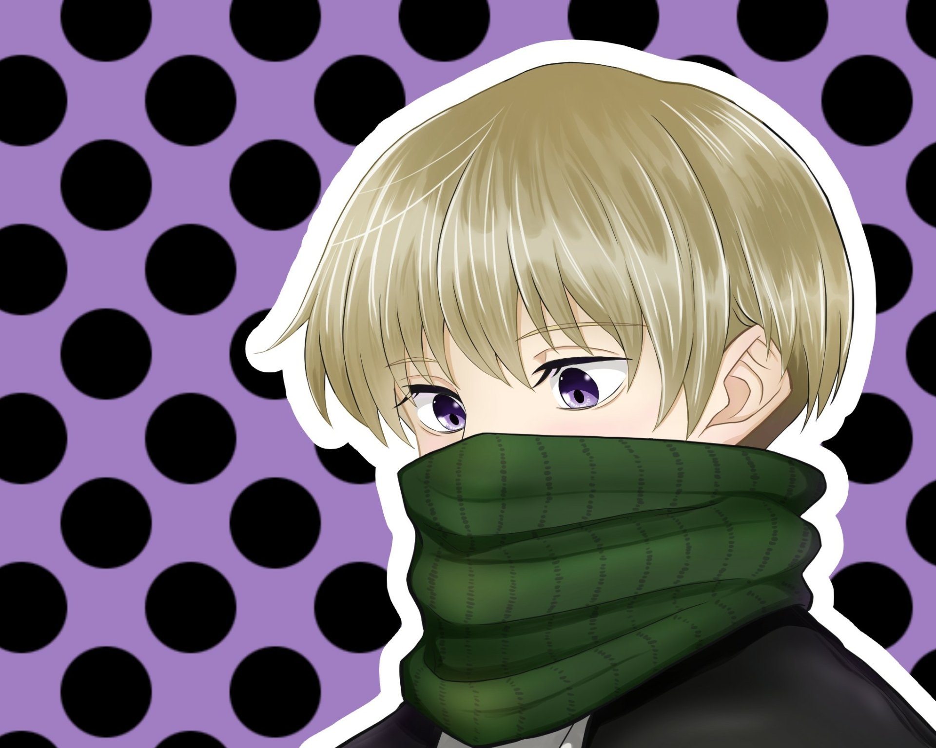 HD anime desktop wallpaper featuring Toge Inumaki from Jujutsu Kaisen with a dark green scarf against a purple background with black polka dots.