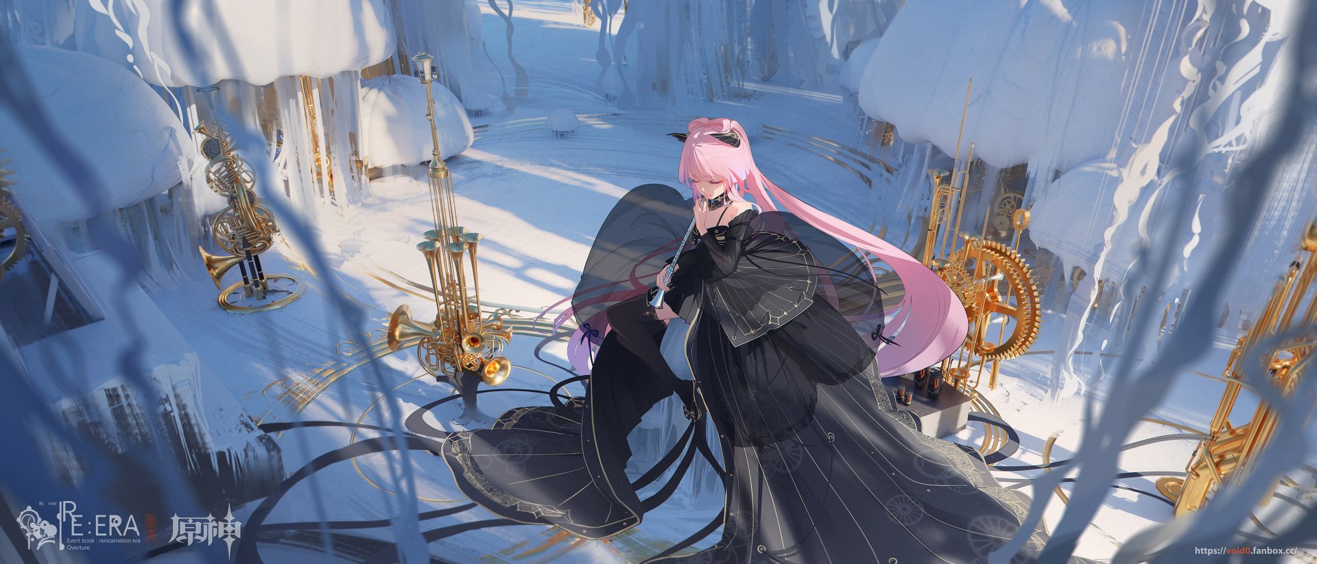 HD PC desktop wallpaper of Sangonomiya Kokomi from the video game Genshin Impact, featuring her in a detailed black outfit with a serene, icy background.