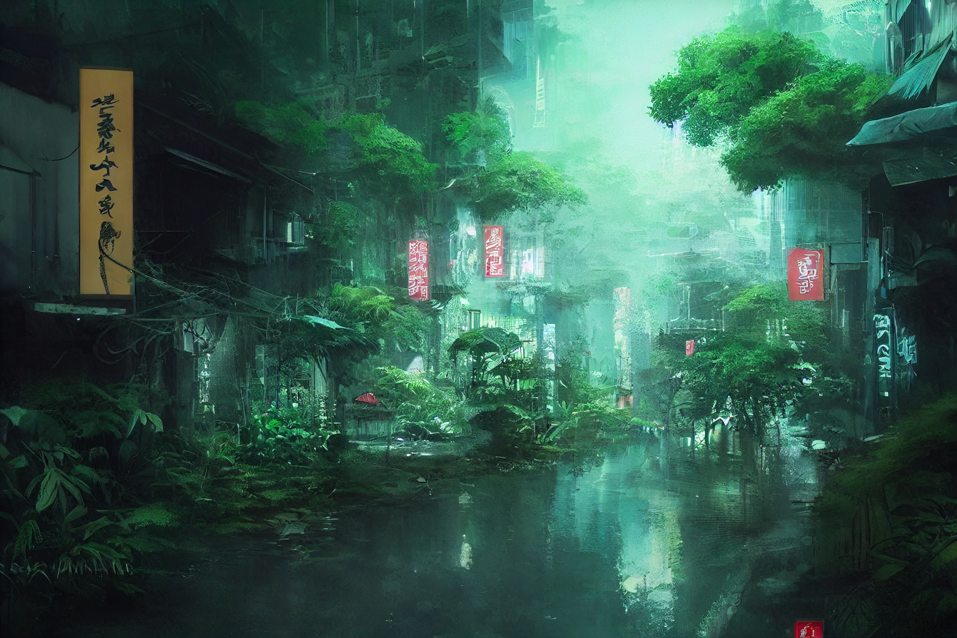 HD PC desktop wallpaper depicting a lush, rain-soaked Japanese street scene with glowing neon signs, created with AI art in a vibrant, atmospheric style.