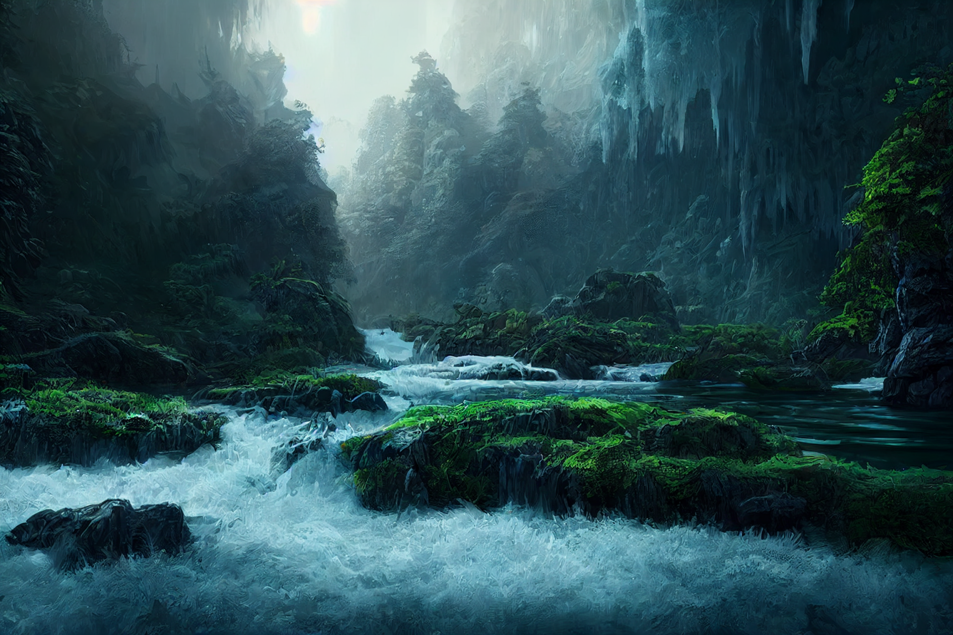 HD PC desktop wallpaper showcasing AI art of a misty mountain environment with a flowing river and lush greenery in a serene natural scenery.