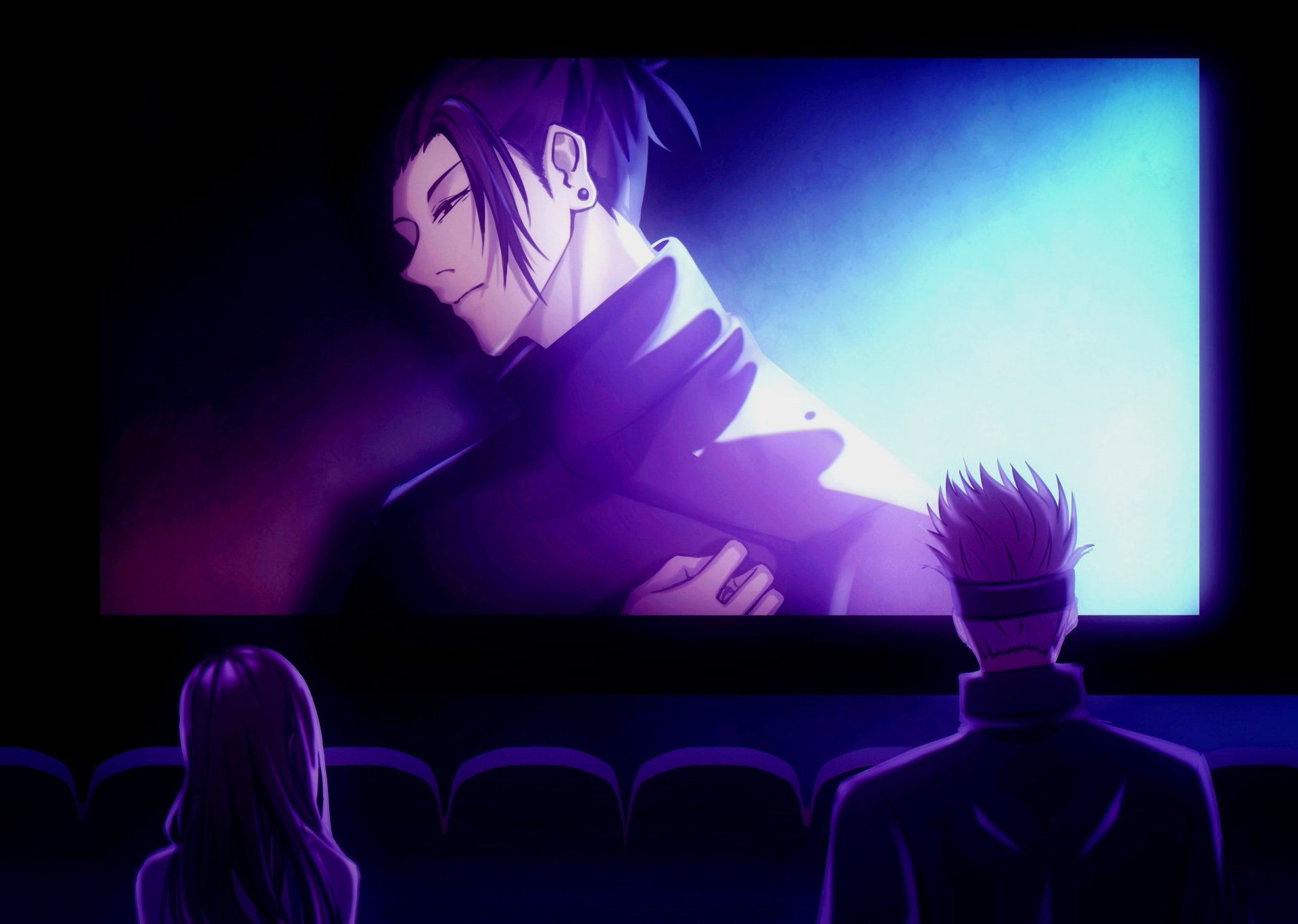 HD anime wallpaper featuring two Jujutsu Kaisen characters watching a movie in a dark theater, with vibrant blue and purple lighting highlighting the scene.