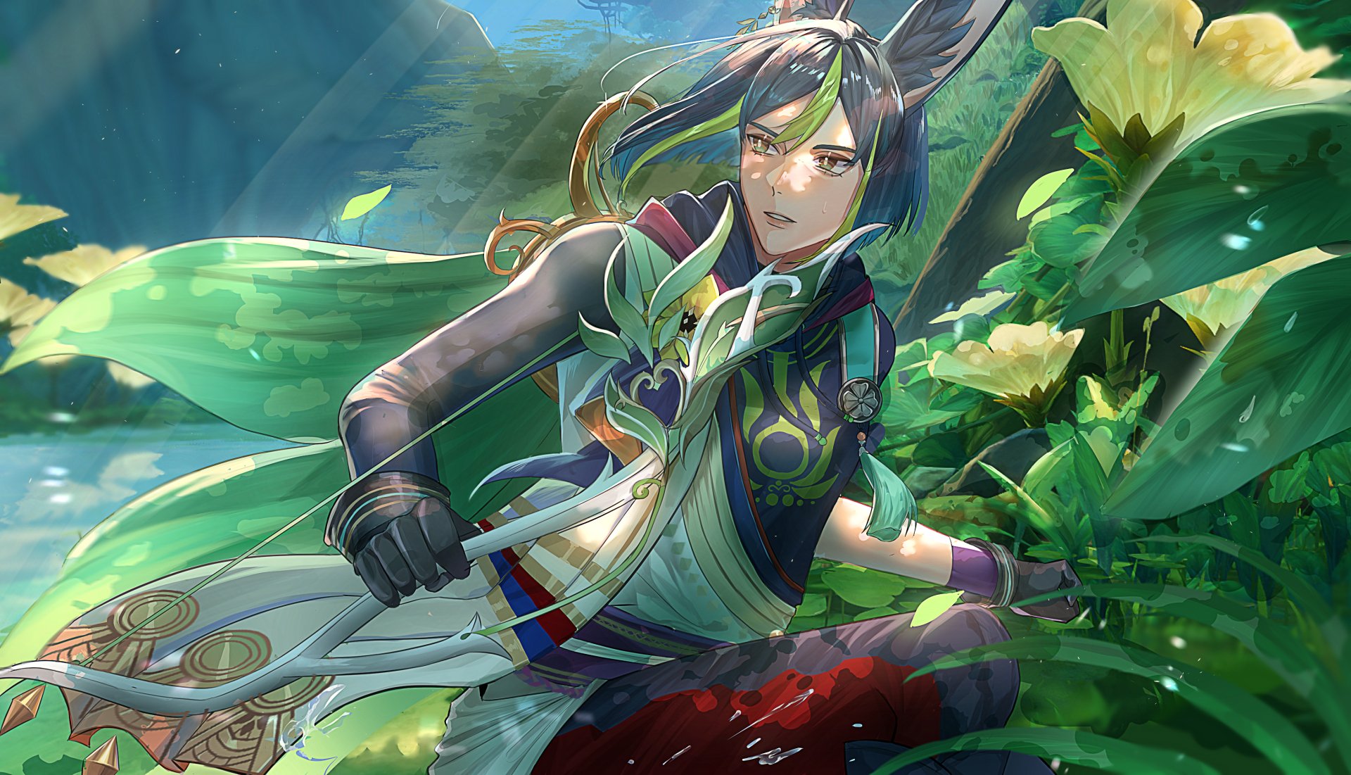 Tighnari (Genshin Impact) in a sunlit forest, gripping his bow amid lush leaves — 2K Quad HD PC desktop wallpaper/background from the Genshin Impact video game.