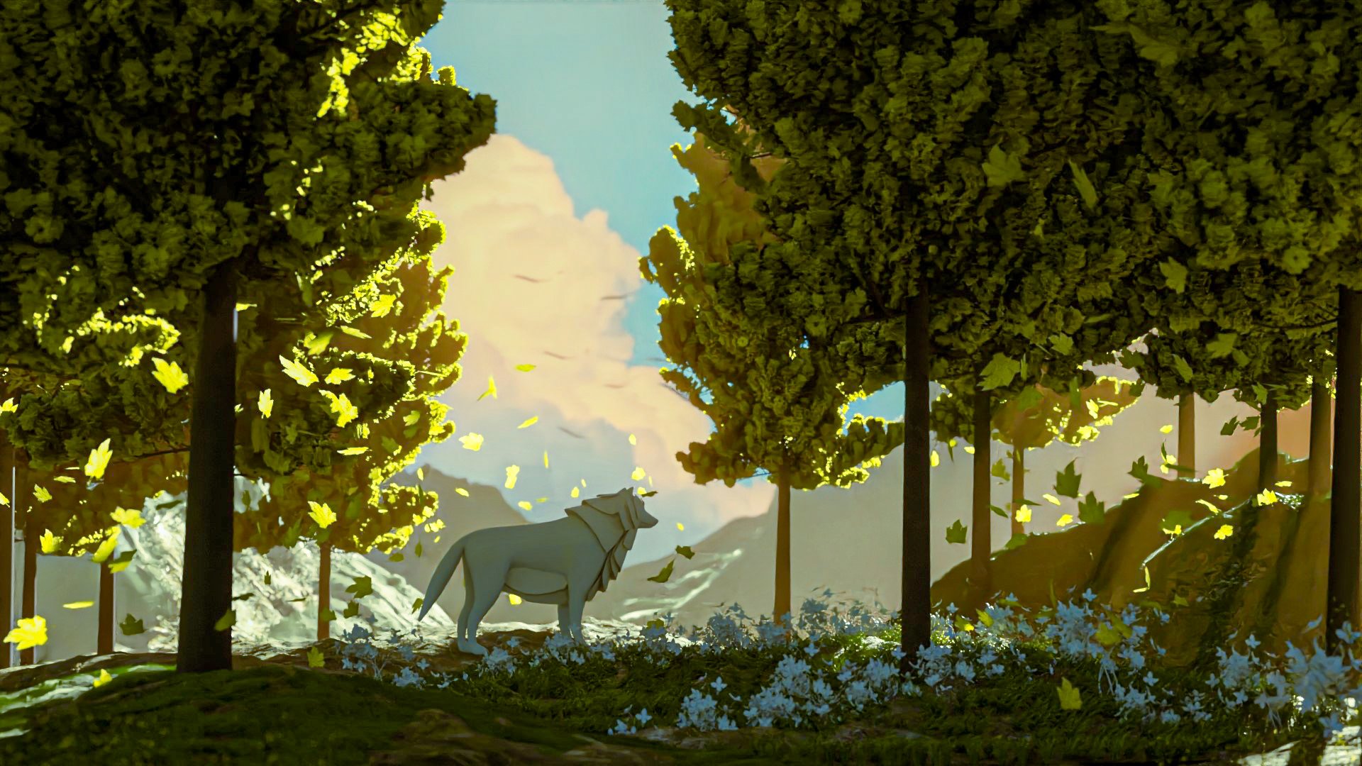 HD PC desktop wallpaper featuring a fantasy landscape with lush trees, vibrant land, and a mystical animal under a bright sky.