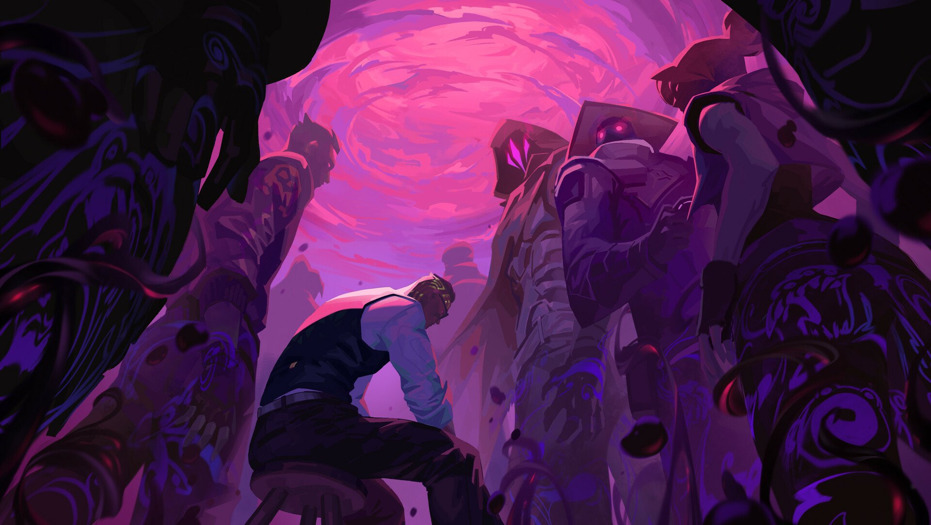 HD PC desktop wallpaper of Valorant: lone agent kneeling among towering purple pillars under a swirling pink sky, cinematic video game background