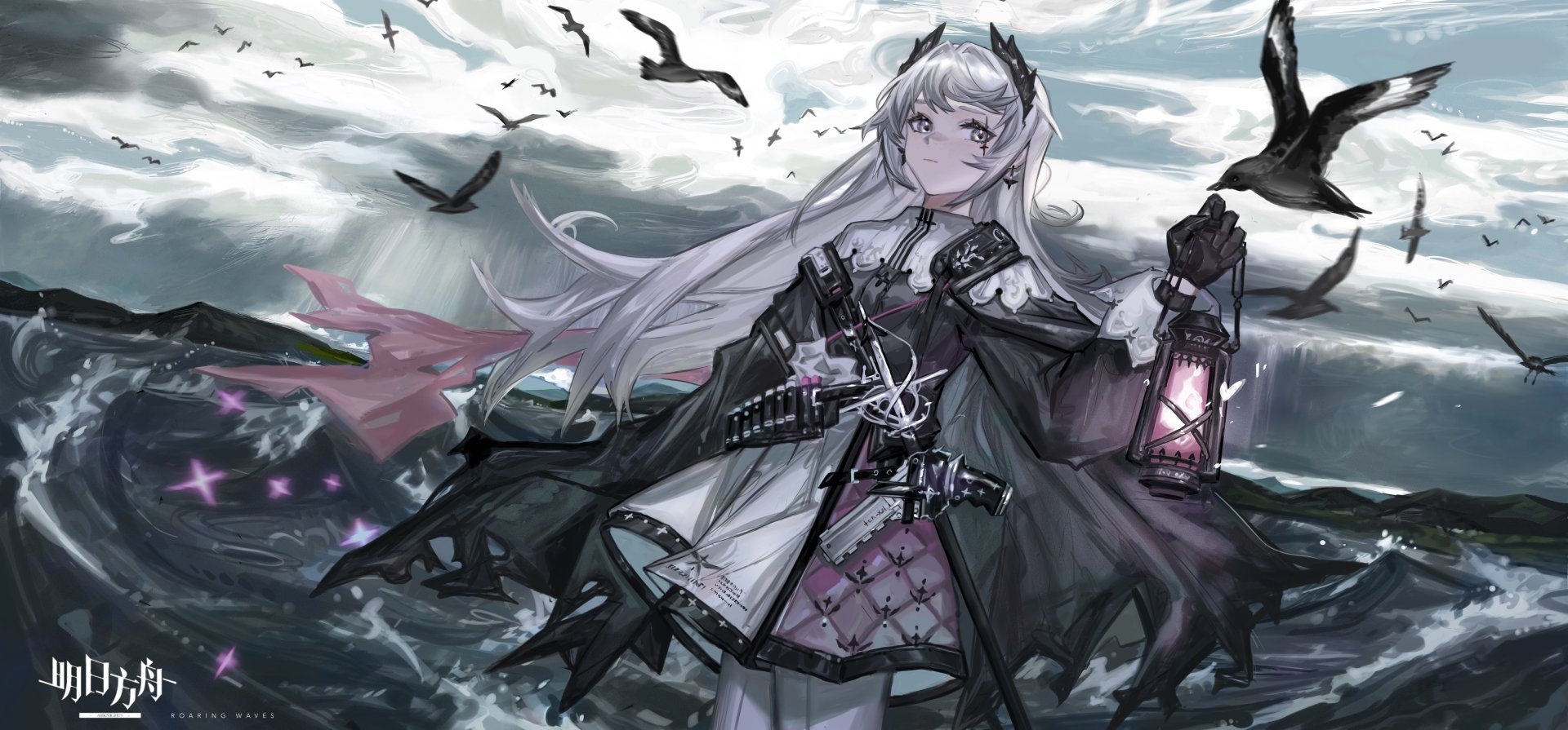 Irene from Arknights stands holding a lantern against a stormy sky, in this 4K Ultra HD video game desktop wallpaper background.