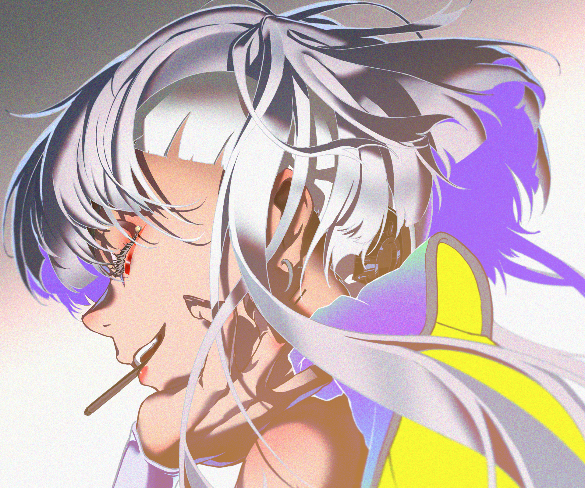 HD anime desktop wallpaper featuring Lucy from Cyberpunk: Edgerunners with striking white hair and glowing red eyes against a vibrant background.