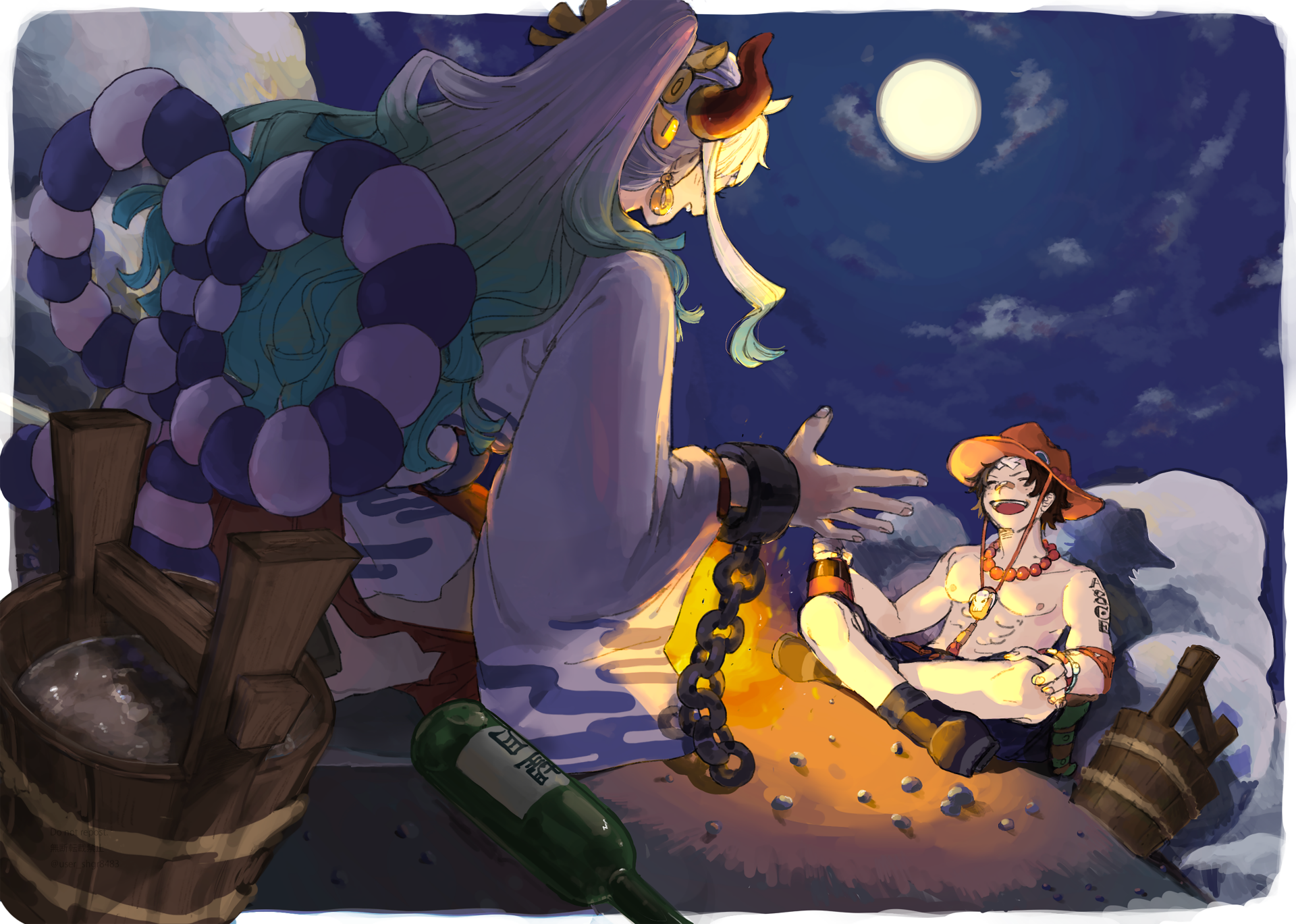 4K Ultra HD anime wallpaper featuring One Piece characters Portgas D. Ace and Yamato sharing a moment under a moonlit sky with scattered bottles around them.