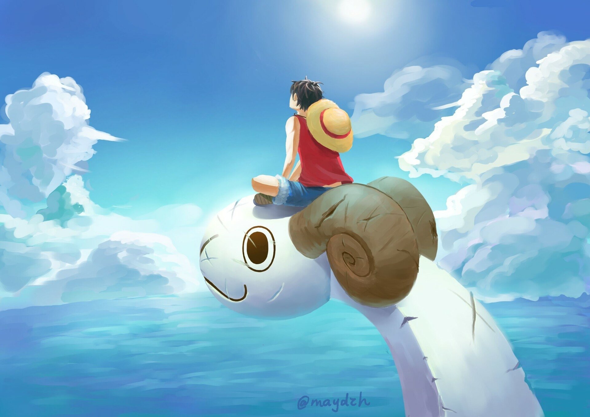 Monkey D. Luffy from One Piece sits atop a smiling, horned sea serpent over a calm blue ocean, gazing at sunlit clouds — HD PC desktop anime wallpaper.