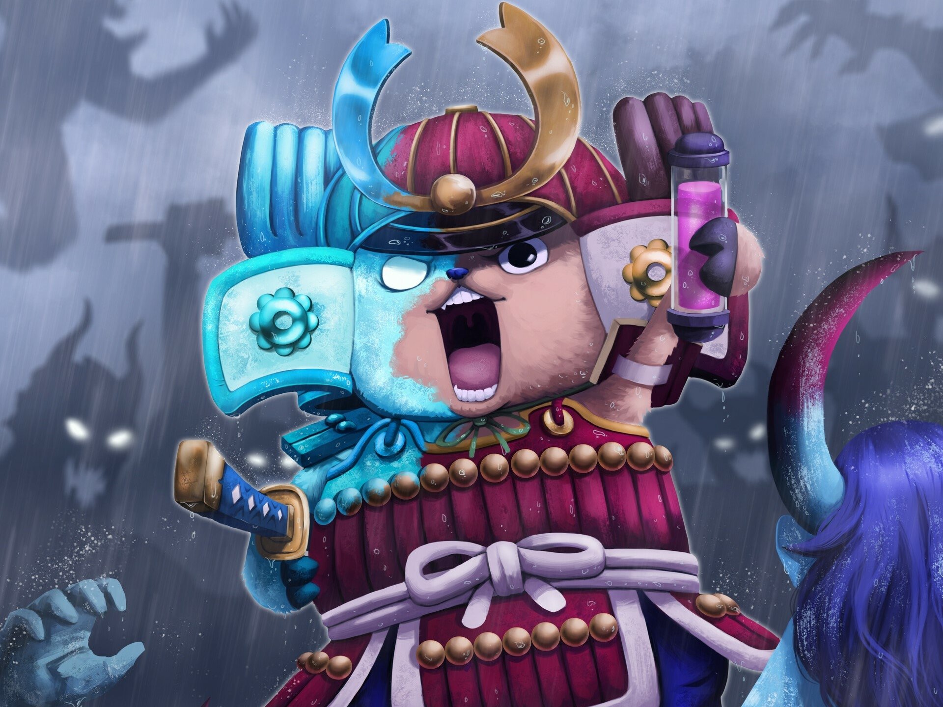 HD PC desktop wallpaper/background of Tony Tony Chopper from One Piece: anime chibi warrior in ornate samurai armor, roaring with a glowing blue eye-plate while holding a vial.