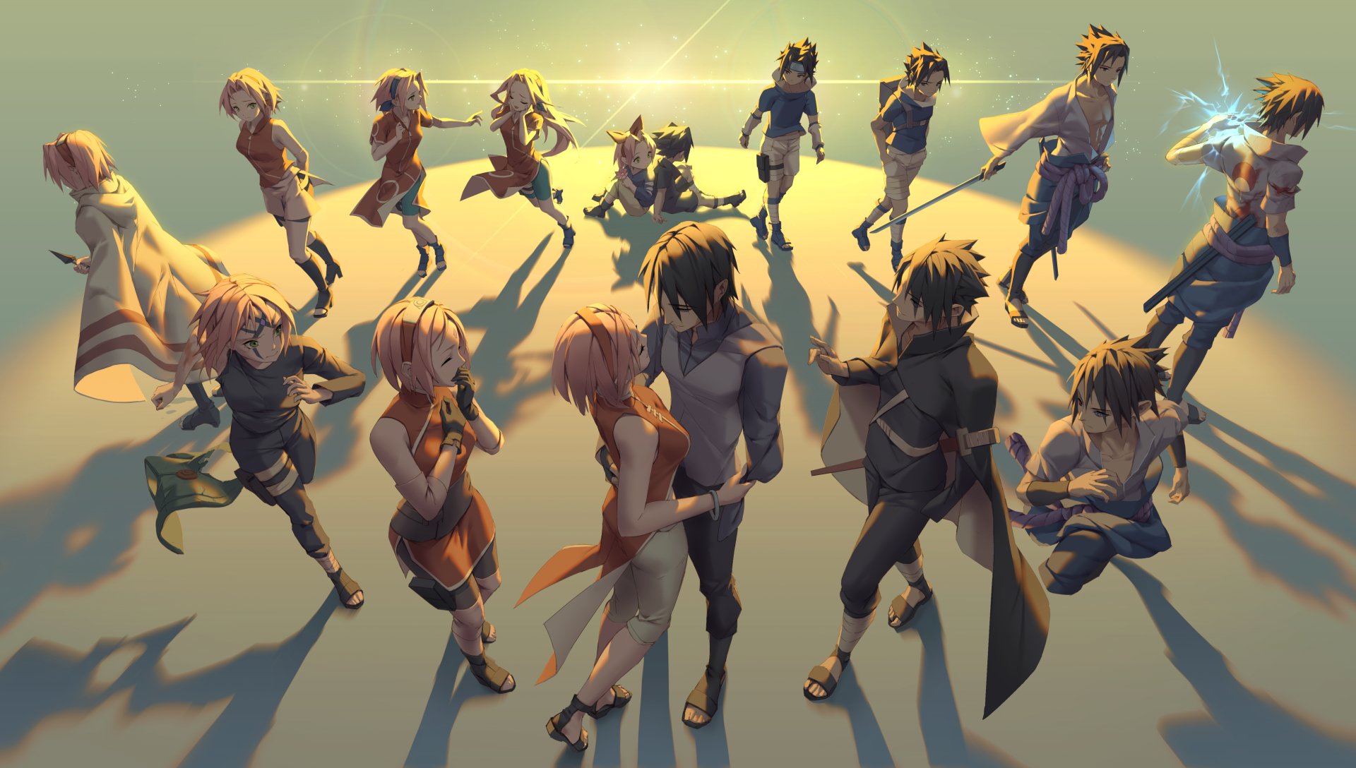 4K Ultra HD anime wallpaper featuring Sakura Haruno, Sasuke Uchiha, and other Naruto characters standing together in a dynamic, sunlit scene.
