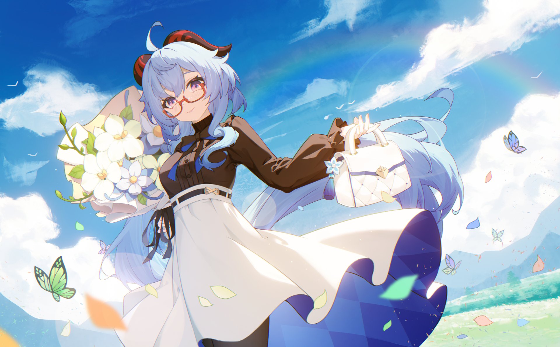 Ganyu from Genshin Impact stands outdoors holding flowers and a bag, depicted in vibrant colors as a 4K Ultra HD PC desktop wallpaper and background.