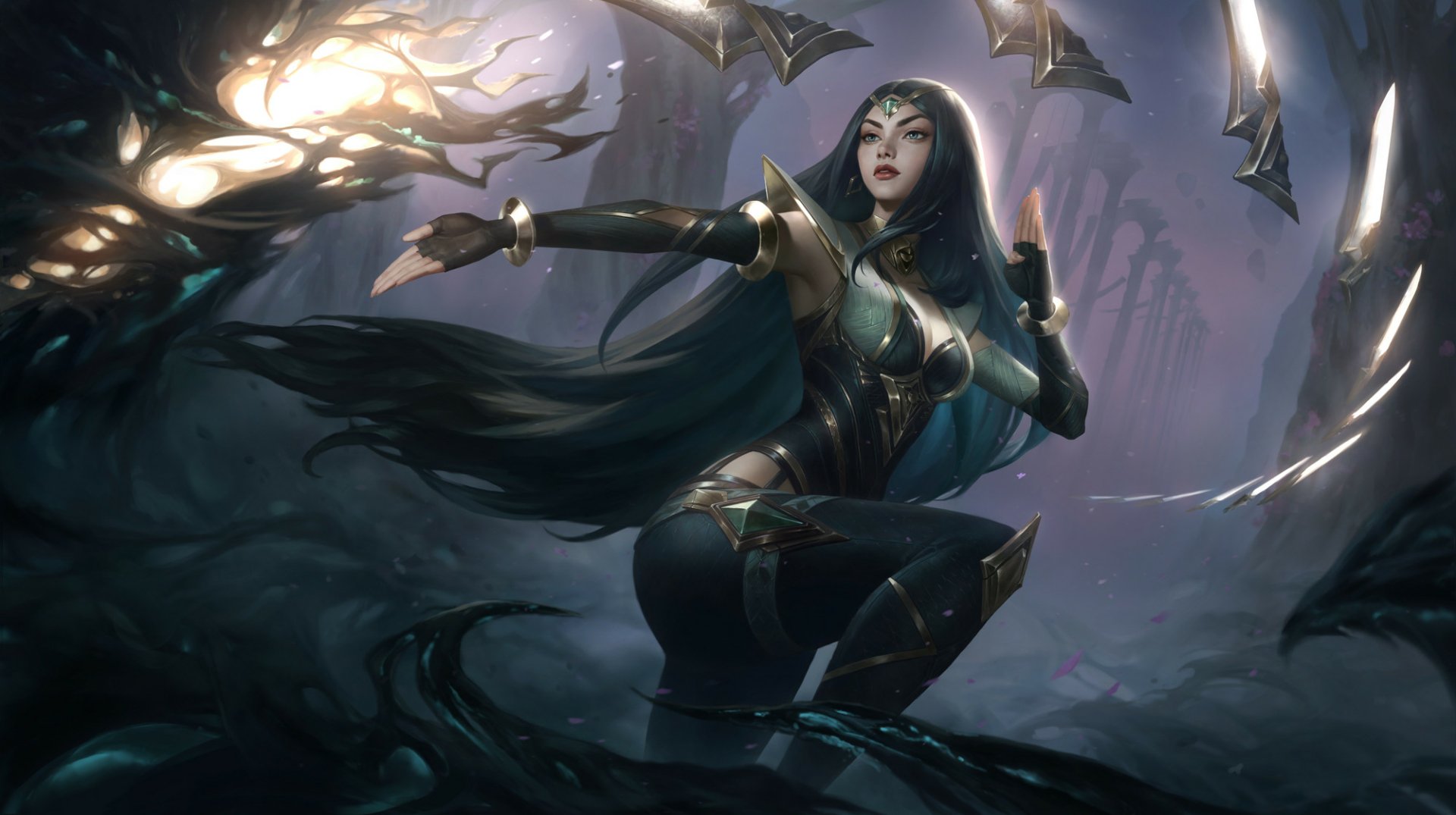 Irelia from League of Legends is depicted in dynamic action with floating blades, set against a dark, atmospheric background in this HD PC desktop wallpaper.