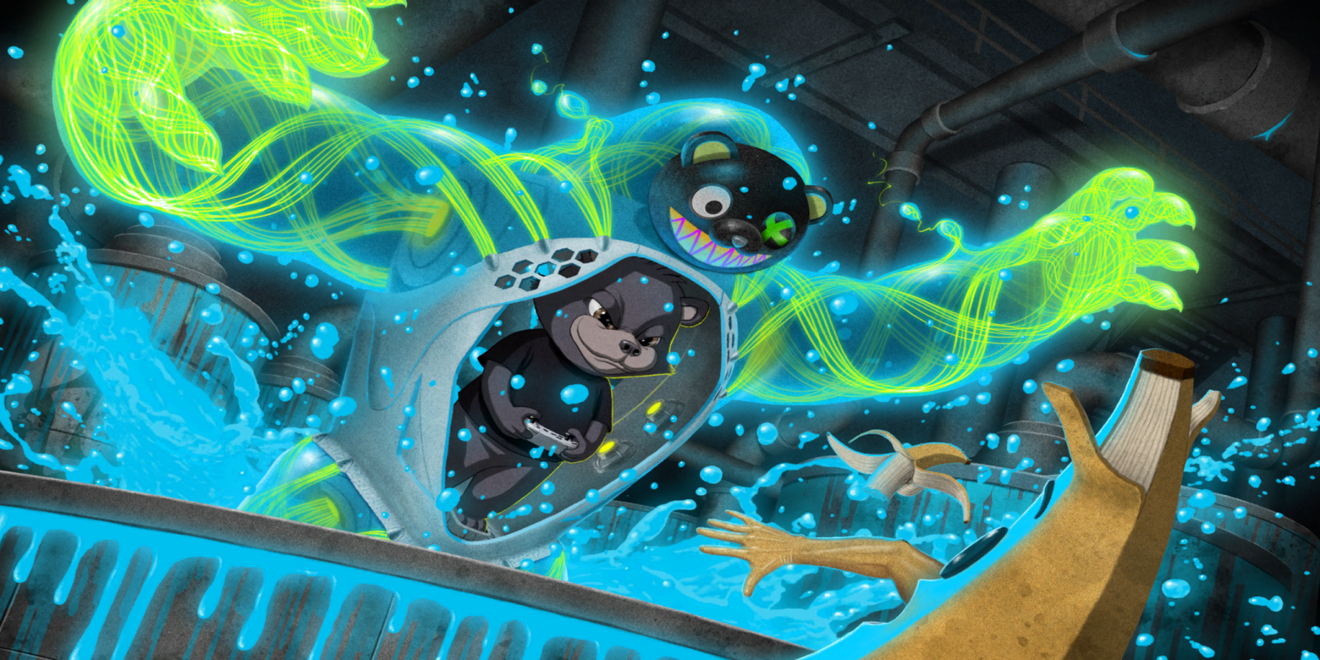 HD PC desktop wallpaper featuring Fortnite characters in a dynamic underwater scene with glowing green and blue energy effects.