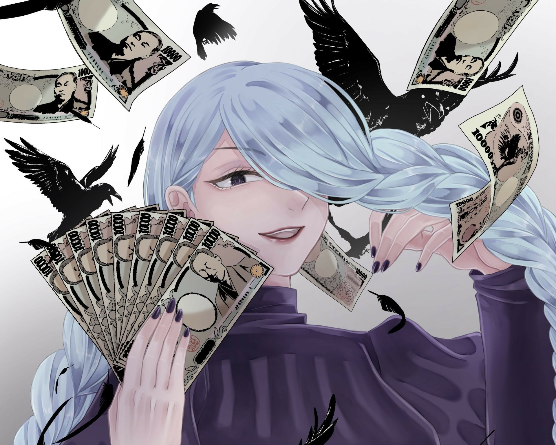 HD PC desktop wallpaper featuring an anime character from Jujutsu Kaisen with long silver hair, holding cards amid floating currency bills and black crows.