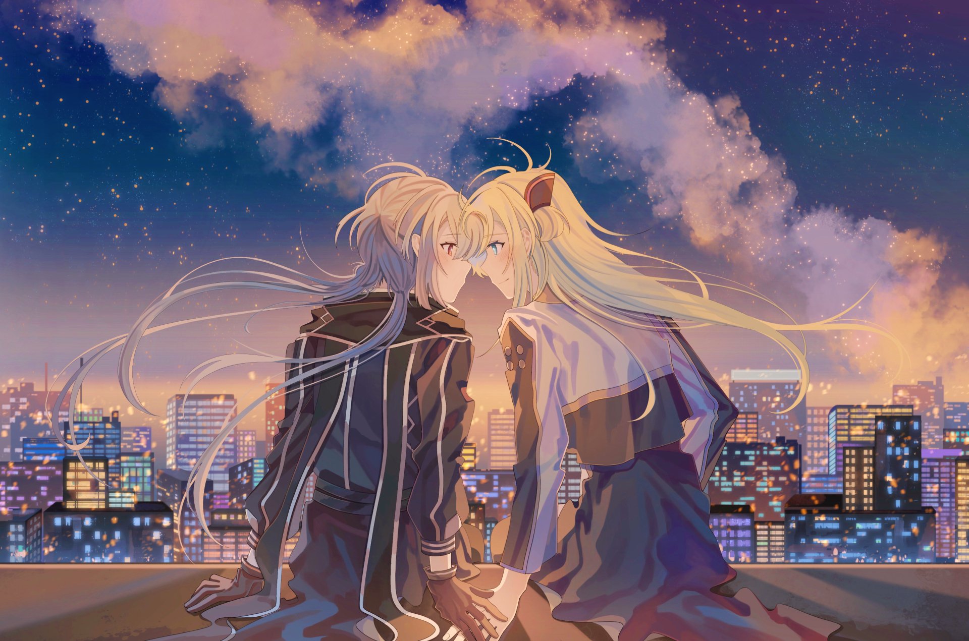 Anime, Yu-Gi-Oh! 2K Quad HD PC desktop wallpaper: two long-blond characters share a rooftop kiss above a glowing cityscape under a starry dusk sky.