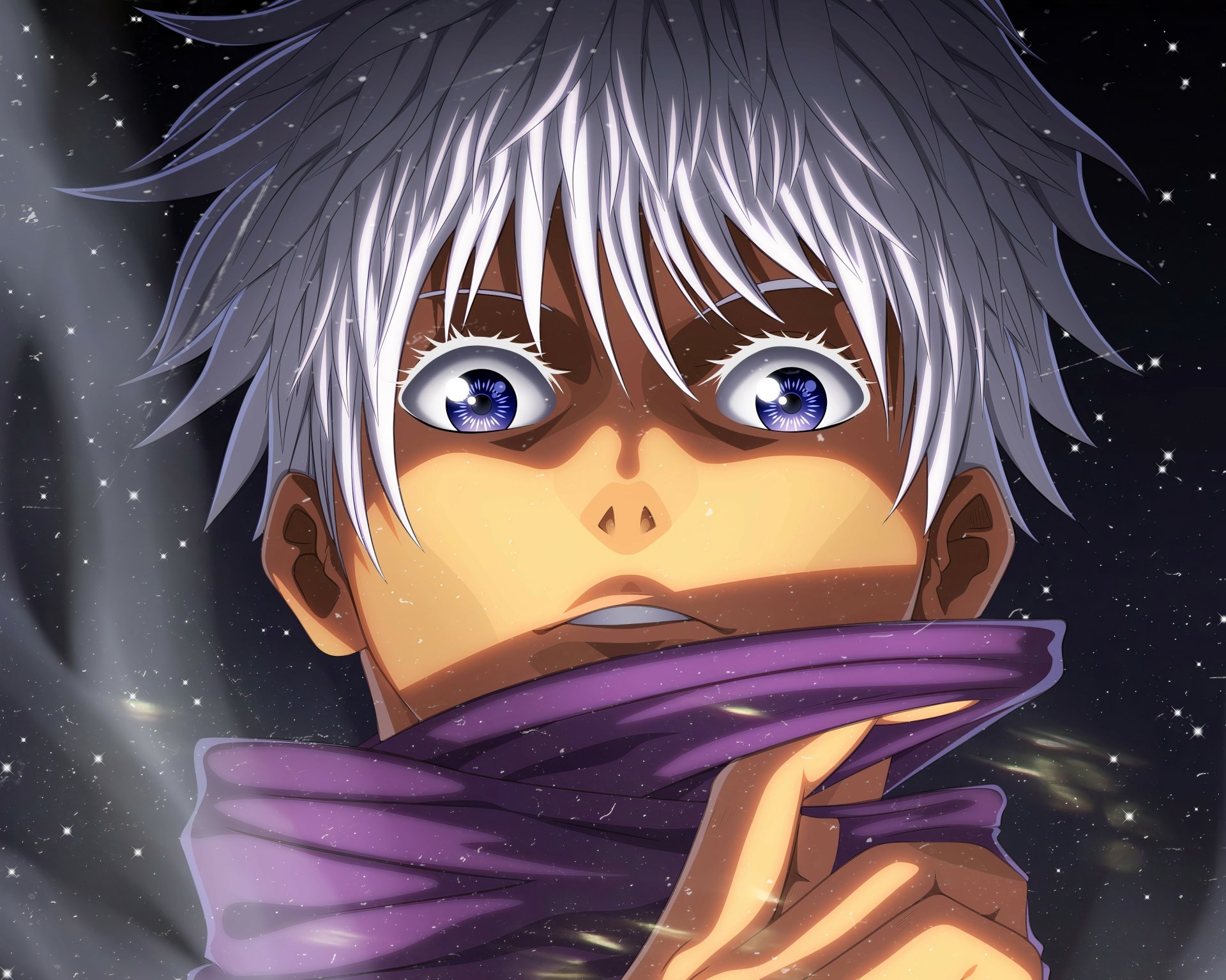 Close-up of Satoru Gojo from Jujutsu Kaisen with glowing blue eyes and white hair, depicted in 4K Ultra HD as an anime PC desktop wallpaper.