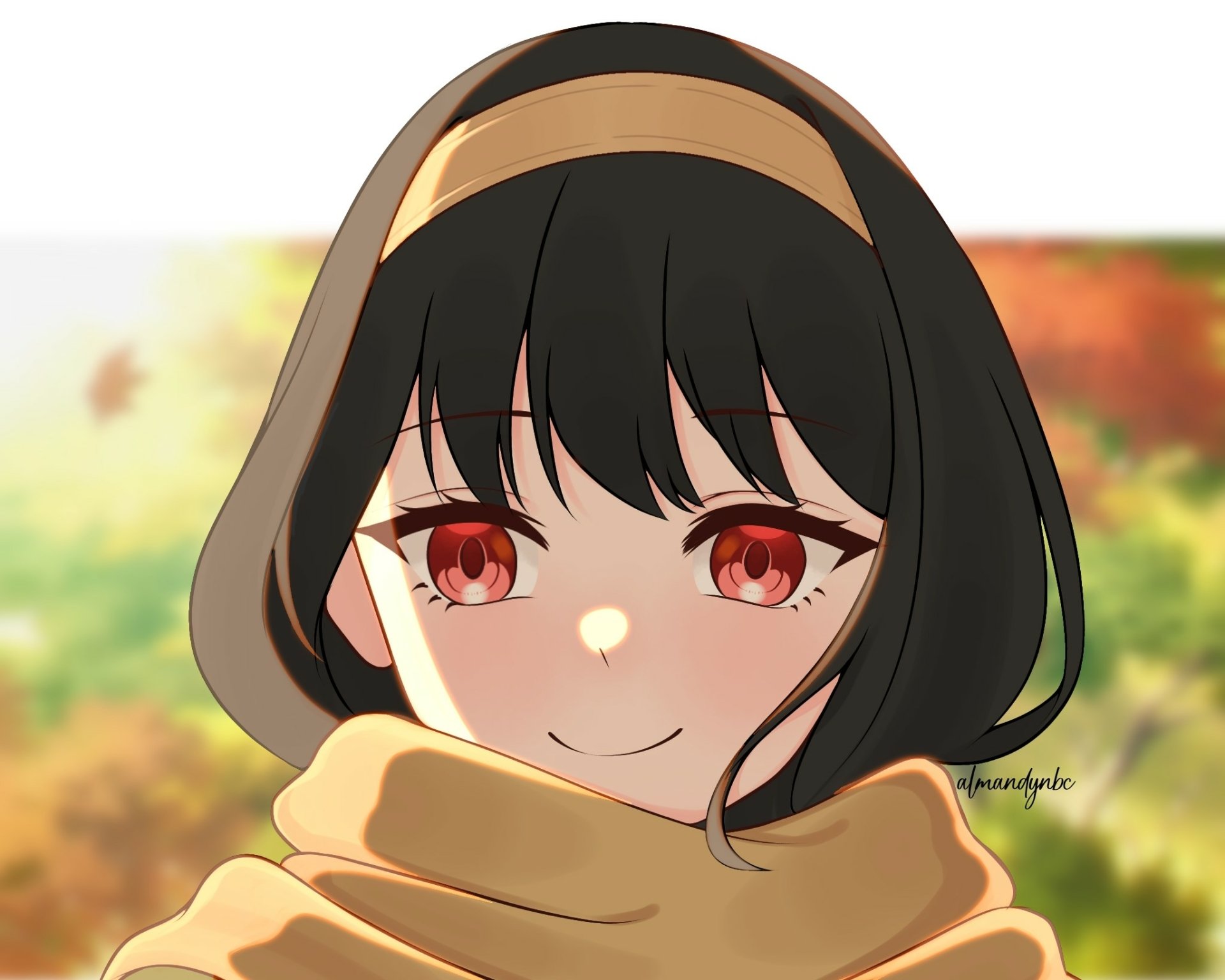 HD PC desktop wallpaper of Yor Forger from Spy x Family — close-up anime portrait with warm scarf, red eyes, and soft autumn background.