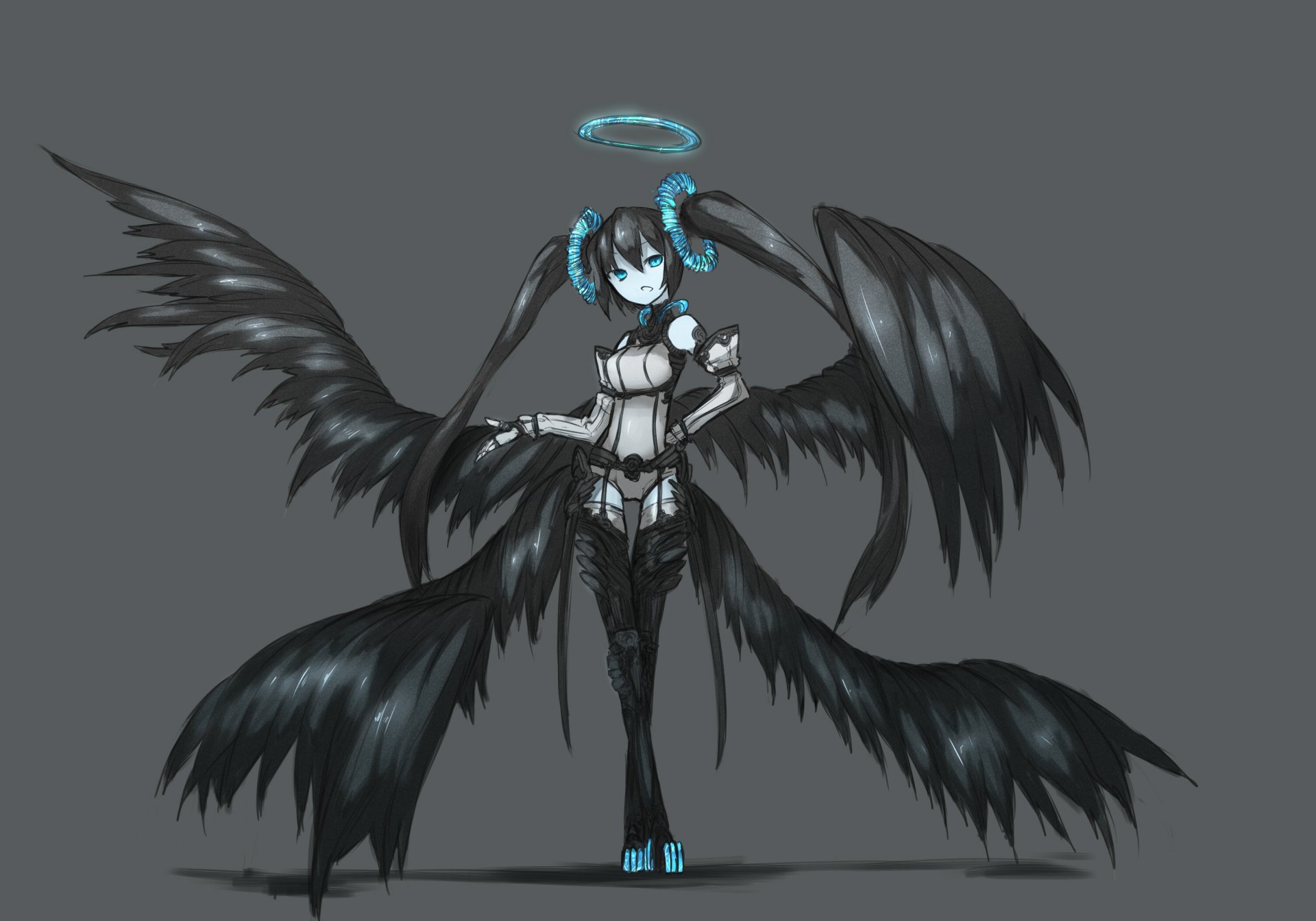 Dark angel Zatsune Miku (Vocaloid) with black feathered wings, teal halo and accents, posed against a gray field — anime 2K Quad HD PC desktop wallpaper background.