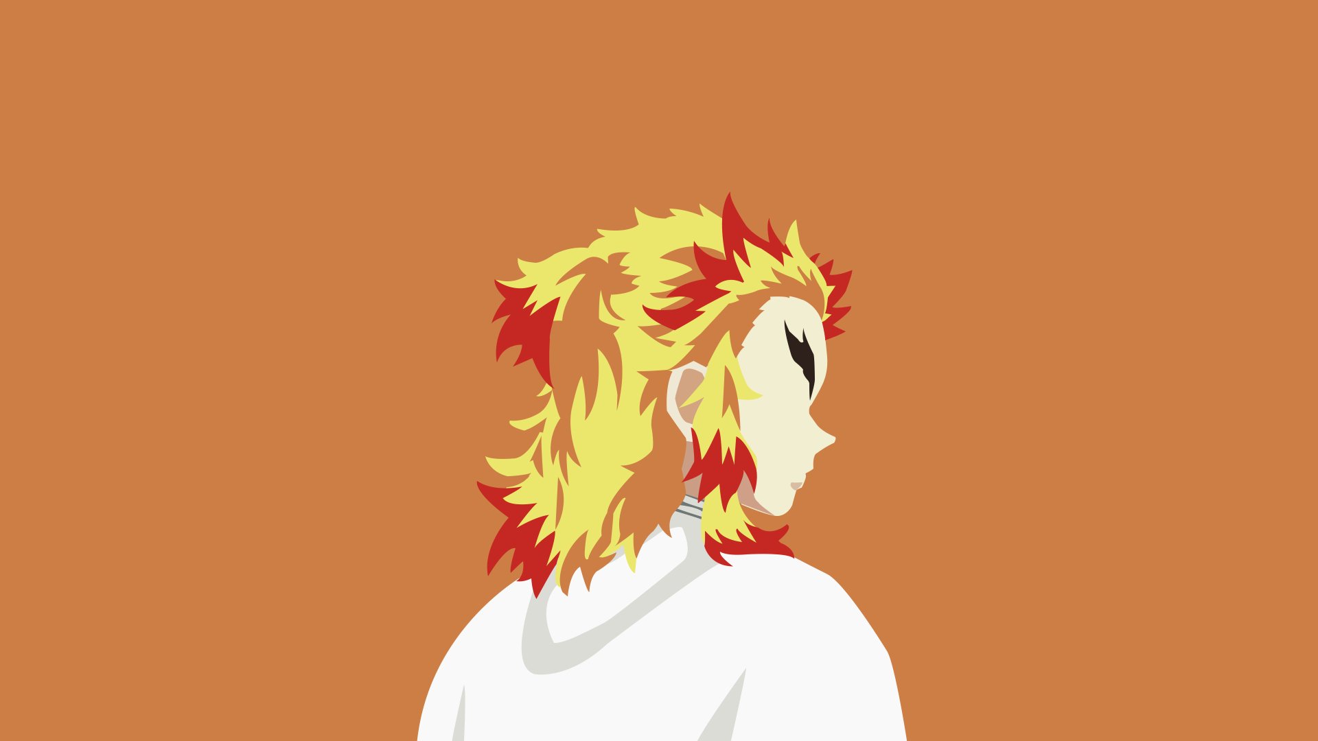 Minimalist 4K Ultra HD anime wallpaper of Kyojuro Rengoku from Demon Slayer: Kimetsu no Yaiba, featuring bold colors and side profile against an orange background.