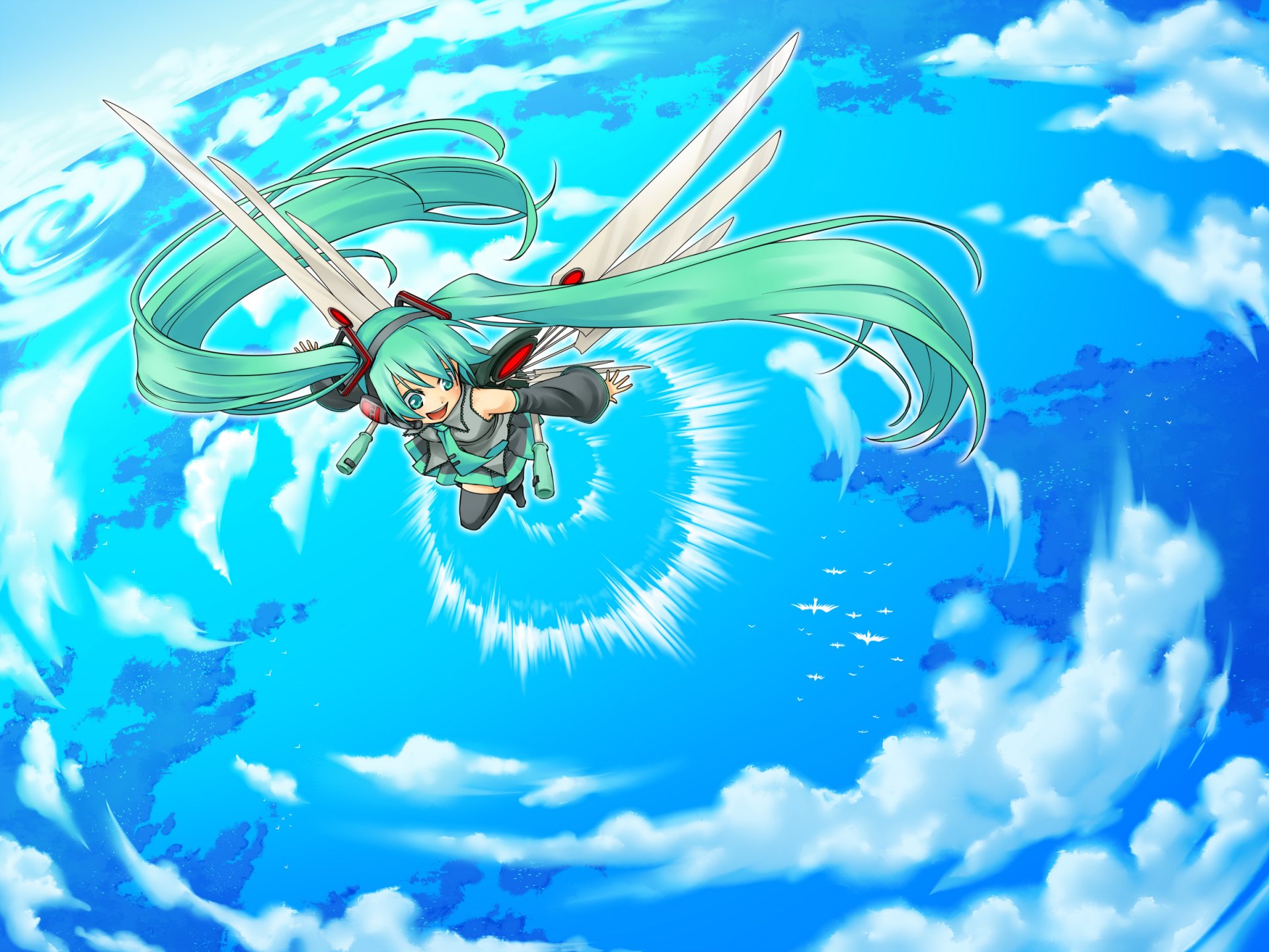 Anime-style Vocaloid Hatsune Miku soars through a vibrant blue sky, twin tails streaming; HD PC desktop wallpaper/background.