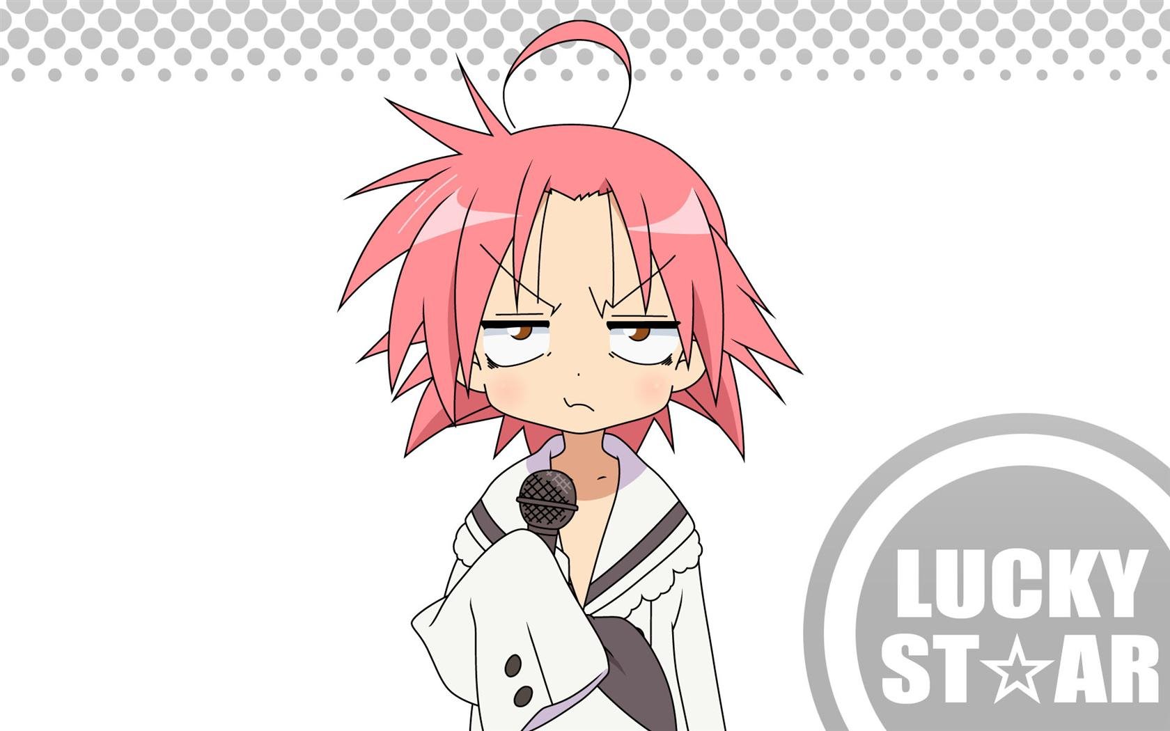 HD anime wallpaper featuring Akira Kogami from Lucky Star, depicted with pink hair and a microphone, set against a simple white background with the Lucky Star logo.