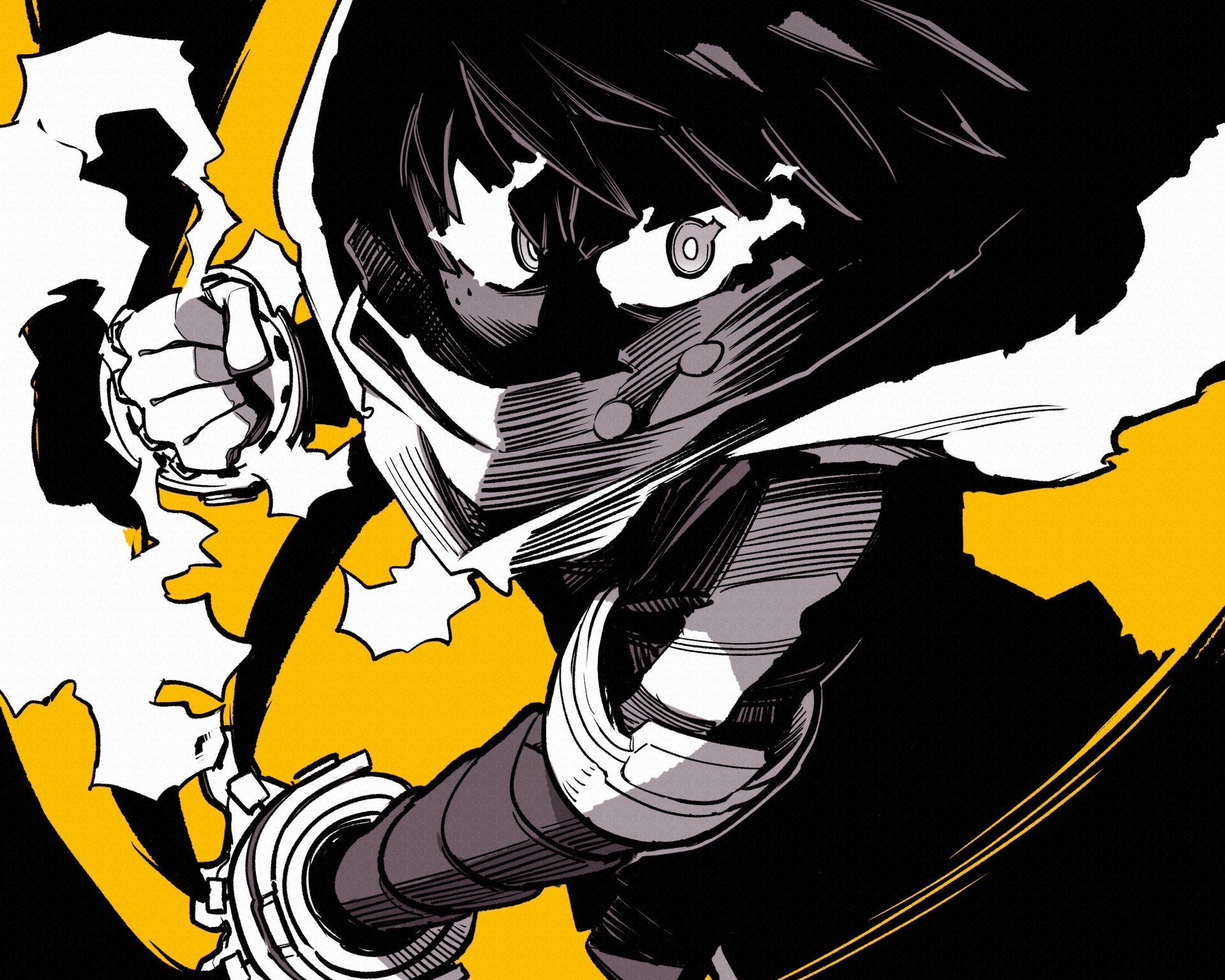 HD PC desktop wallpaper featuring Izuku Midoriya from the anime My Hero Academia, depicted in a dynamic, high-contrast black, white, and yellow illustration.