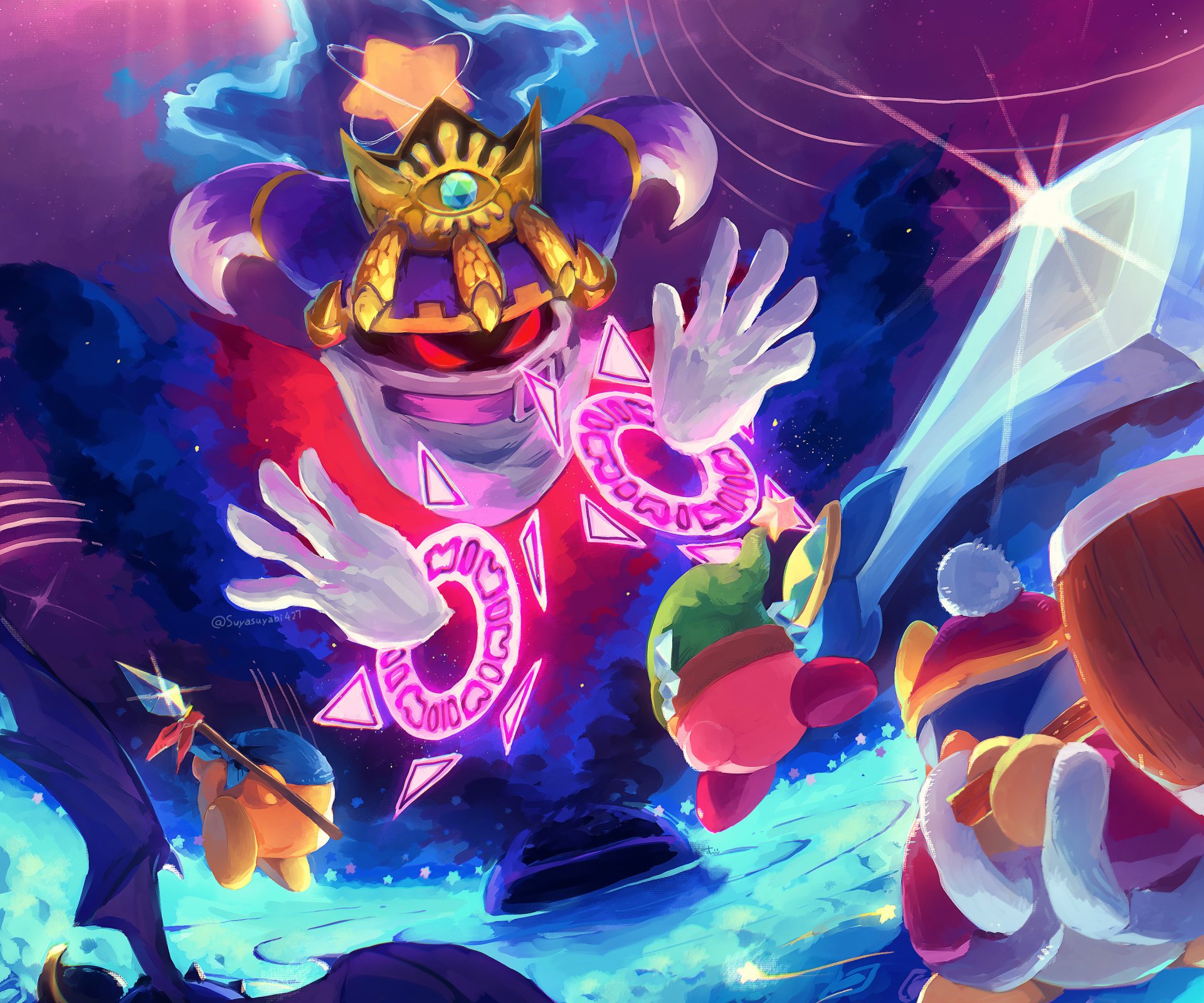 HD PC desktop wallpaper featuring Kirby and characters in a vibrant, cosmic video game battle scene with magical symbols and dynamic energy effects.
