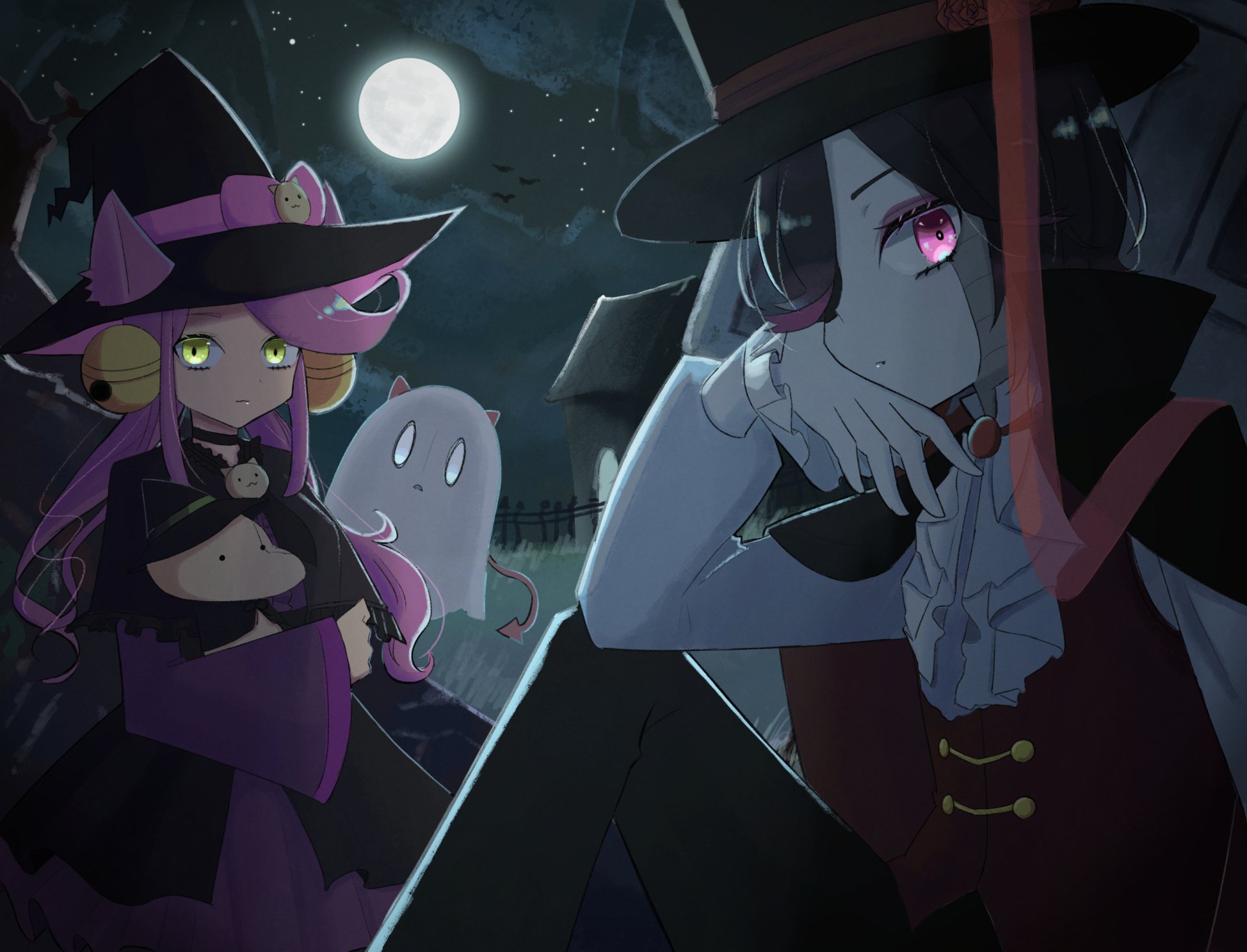 HD PC desktop wallpaper featuring two stylized Undertale characters under a full moon, blending video game art with a dark, mystical nighttime scene.