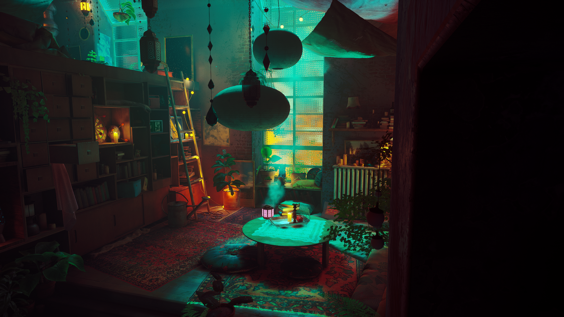 HD PC desktop wallpaper from the video game Stray, depicting a dimly lit, cozy interior with warm lights and futuristic decor.