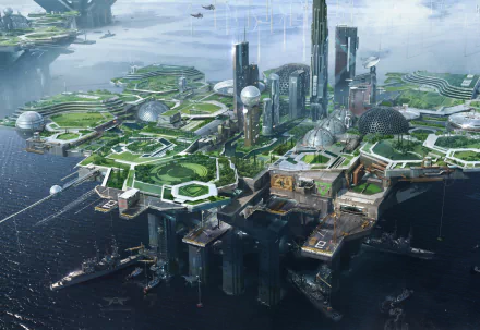 HD PC desktop wallpaper showcasing a detailed sci-fi structure with futuristic buildings and greenery on a floating island surrounded by water.