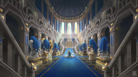 HD PC desktop wallpaper/background from the video game Clash Royale: a majestic blue throne hall with glowing stained-glass windows, rows of blue-cloaked guards and a central throne.