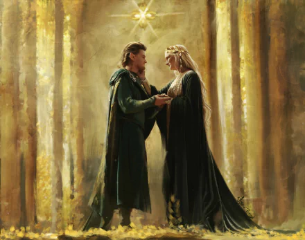 HD PC desktop wallpaper from the TV show The Lord of the Rings: The Rings of Power — two cloaked figures hold hands in a sunlit golden forest.